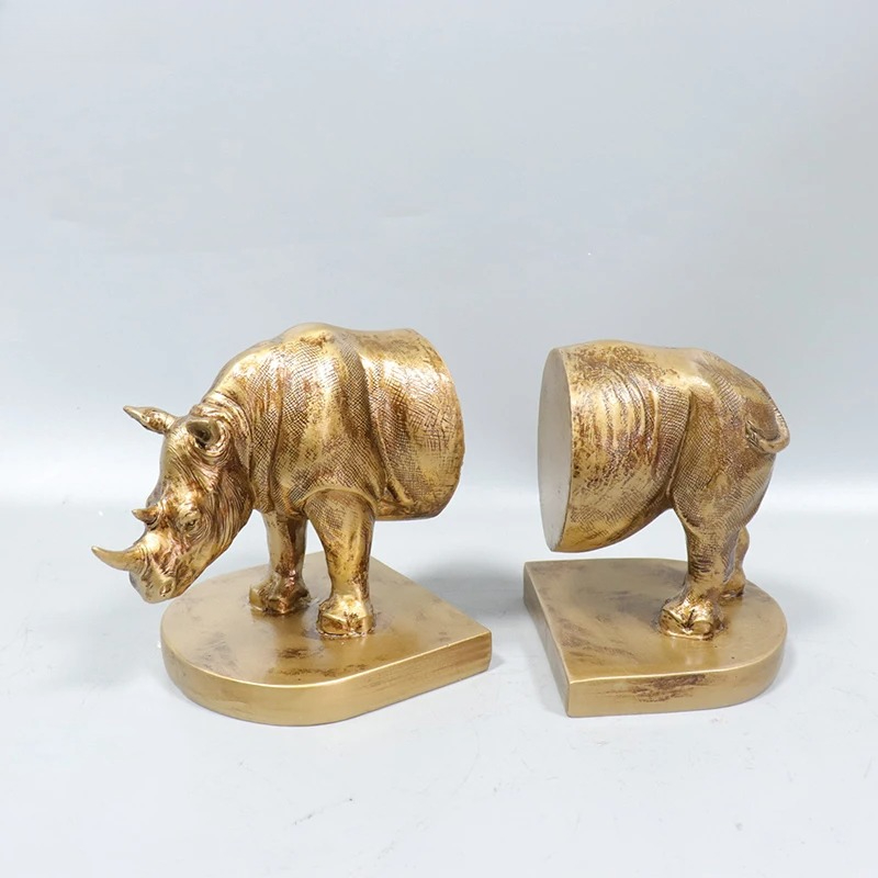 Aesthetic Bookend - Fermalibri Statua Rinoceronte Dorato Retrò, 2